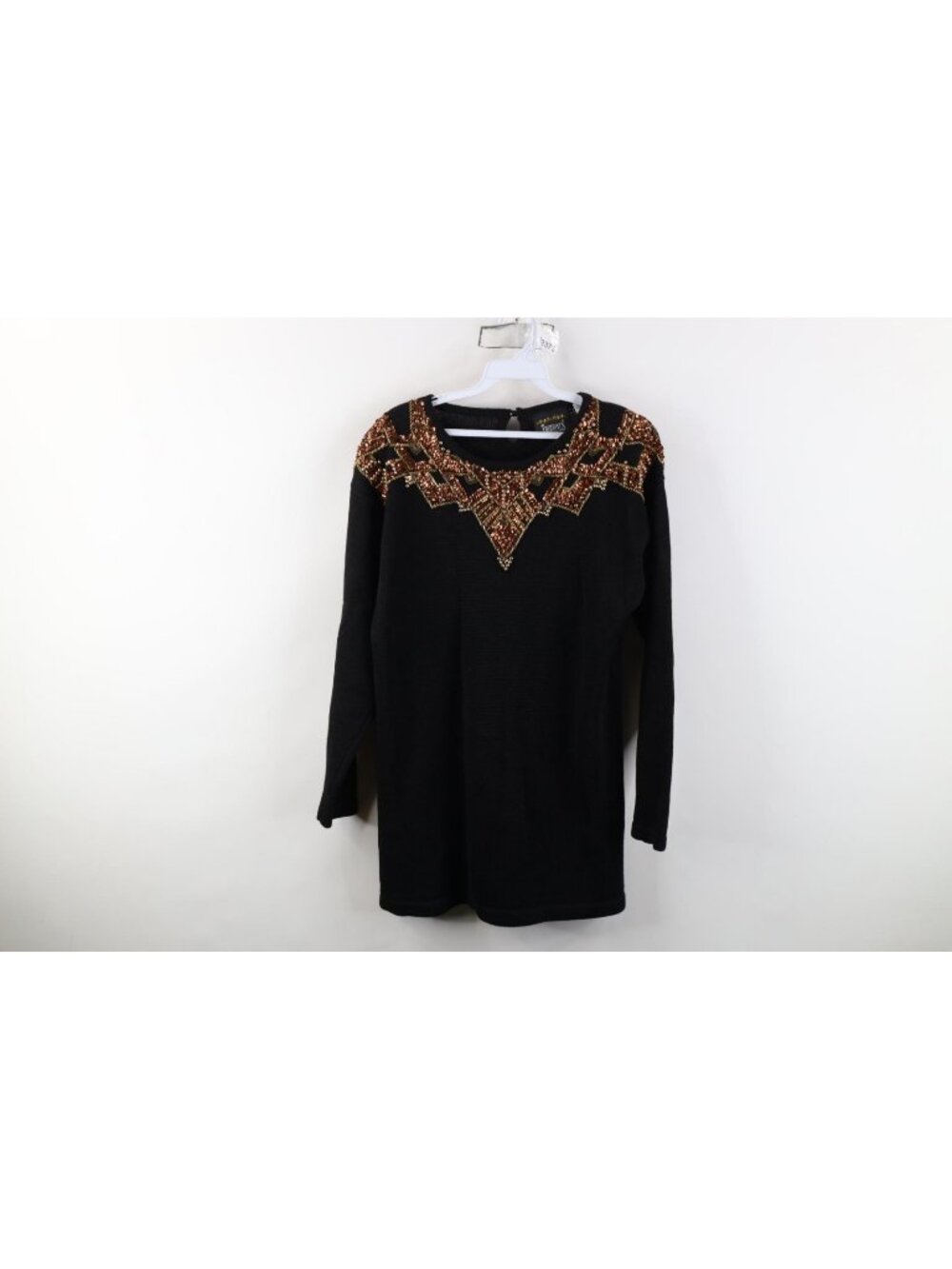 Vintage 90s Streetwear Womens Medium Sequin Beaded Knit Tunic Sweater Black